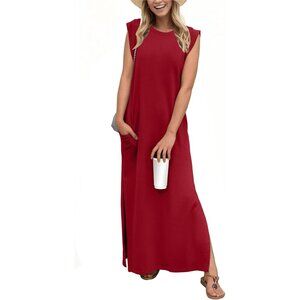 Grecerelle Women Wine Red Round Neck Loose Split Wrinkle-Free Long Maxi Dress